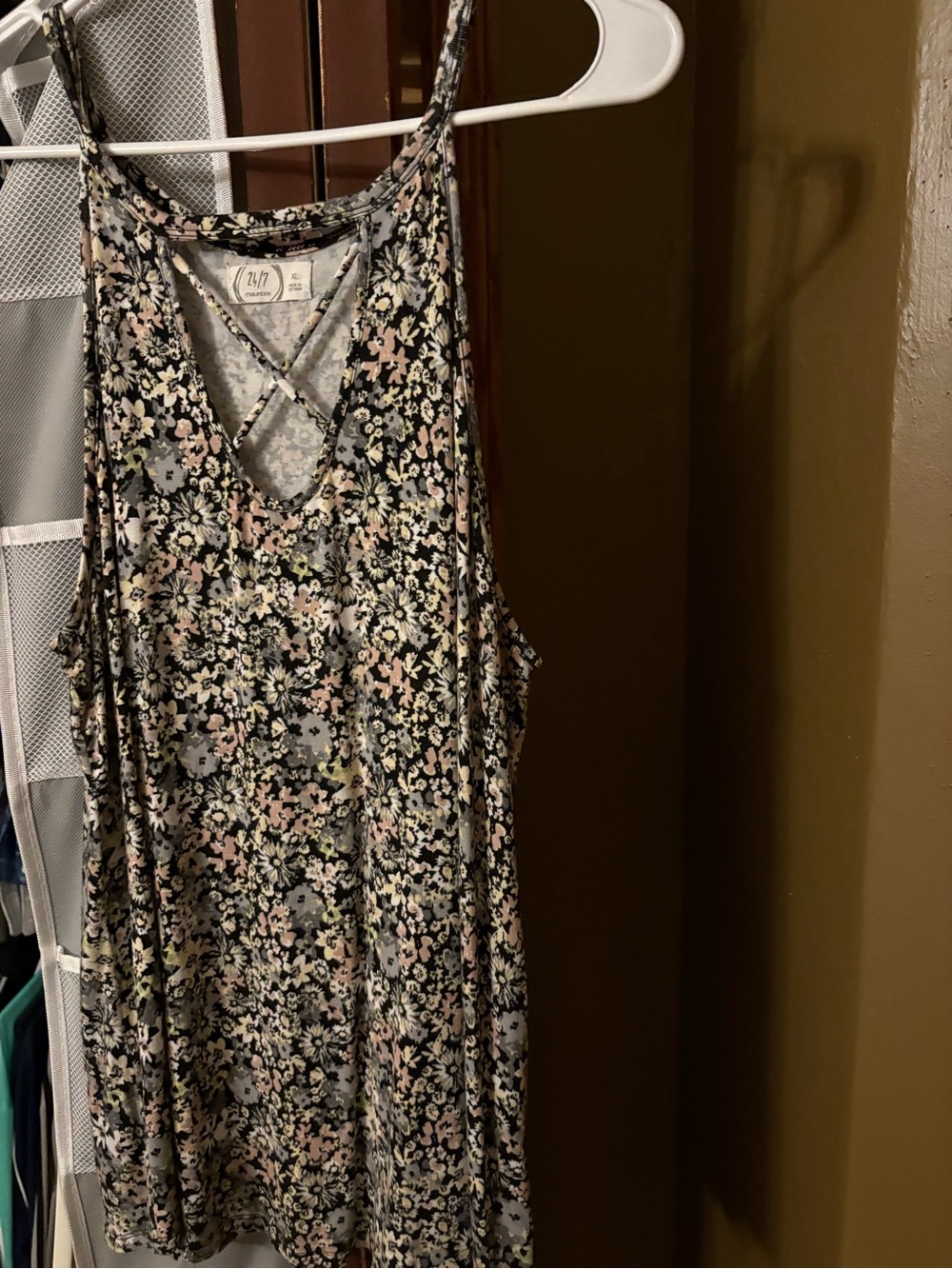 Maurices 24/7 Crisscross Floral Tank Top in Black with Pastel Flowers XL